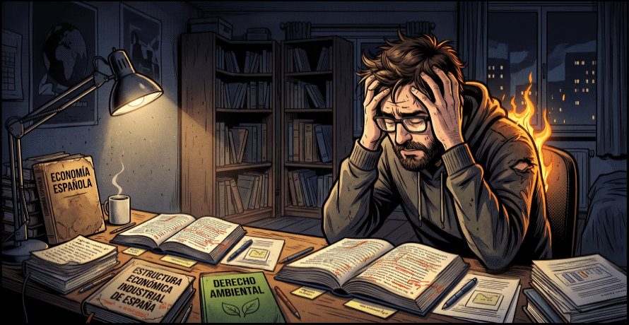 Opositor quemado estudiando frente a los apuntes
